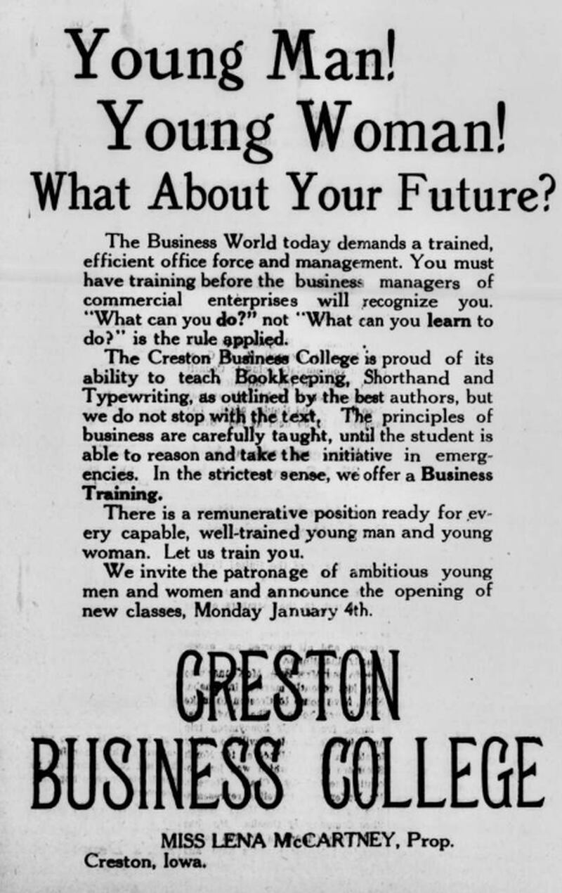 An ad for the Creston Business College from Jan. 2, 1915.