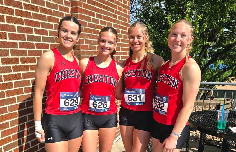 The Creston girls 4x100m relay team shattered a school record from 1997 at the Drake Relays Saturday. From left, Braylee Pokorny, Kadley Bailey, Cora Smith and Avery Staver.