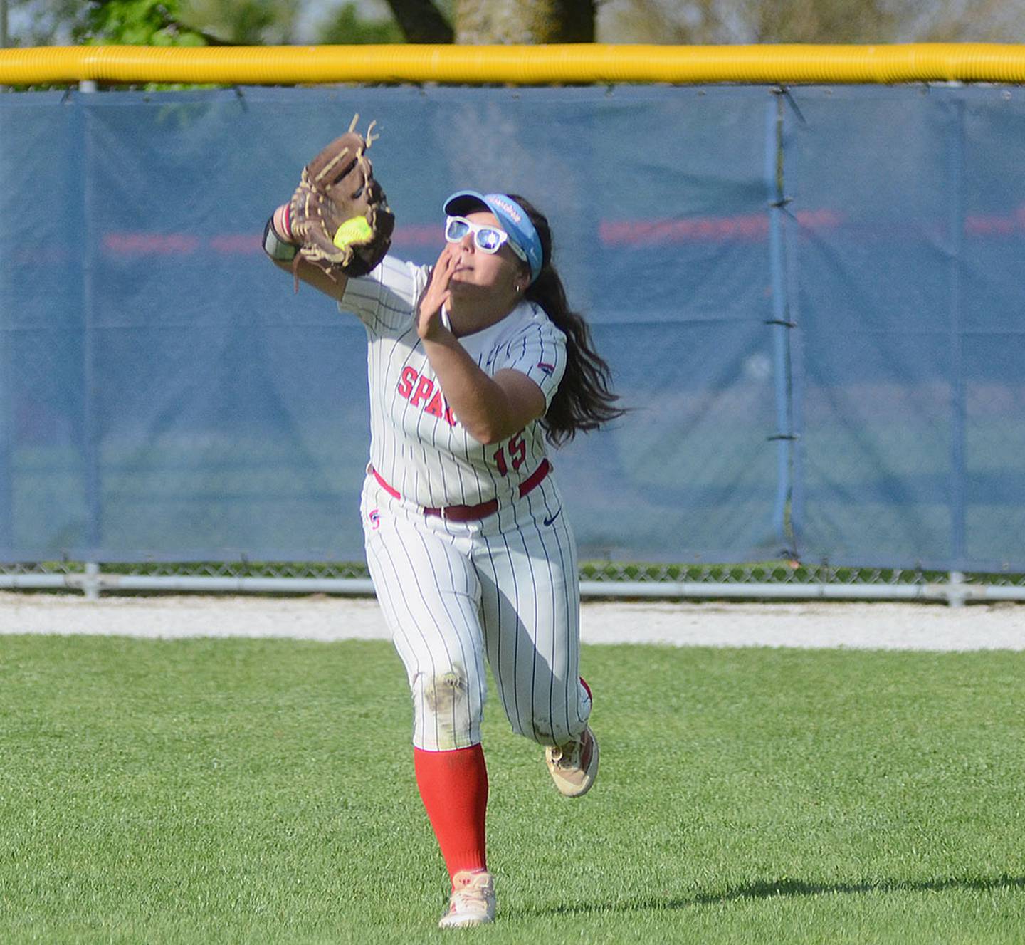 Brianna Mitchell catches a flyball in right field for Southwestern in the home finale against Iowa Western.