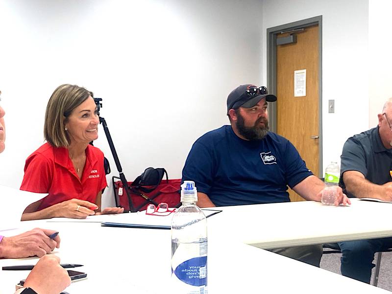 Governor Kim Reynolds and Adair & Guthrie County EMA Coordinator Jeremy Cooper listen to peoples' concerns during a meeting covering disaster relief efforts in Greenfield and Adair County Tuesday, June 11.