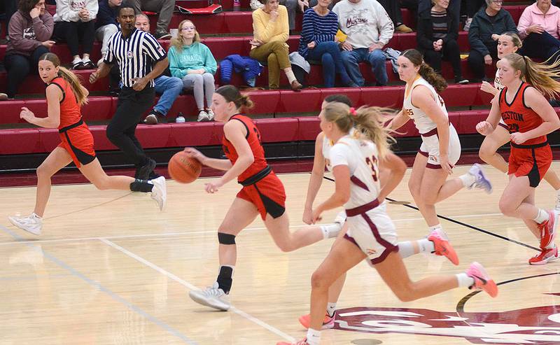 Creston point guard Hollynn Rieck leads a Panther fast break at PCM, joined by teammates Kadley Bailey (left) and Brynn Tussey (right). Bailey and Rieck scored eight and seven points, respectively, in the 43-27 loss.