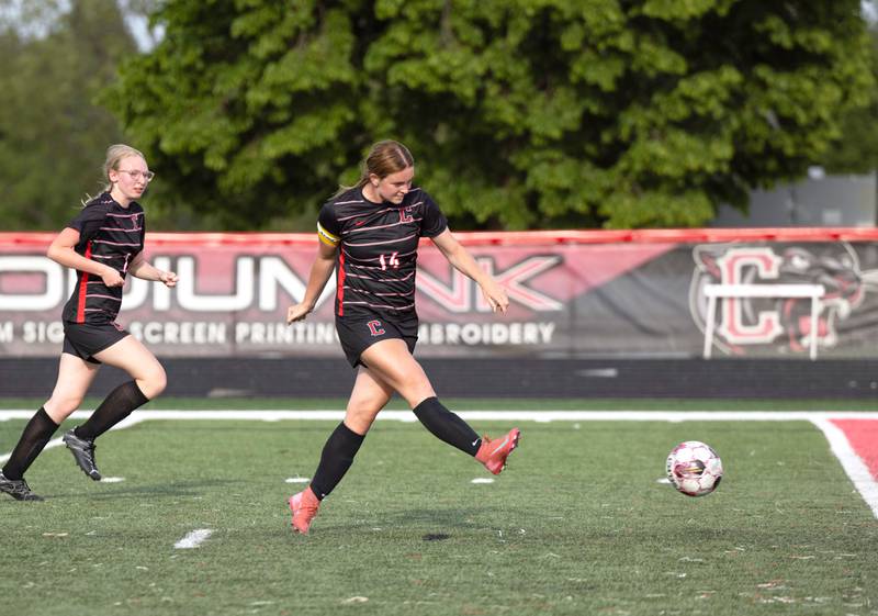 Creston senior Ella Turner scores a goal against Red Oak Monday at home on senior night. The Panthers won 10-0.