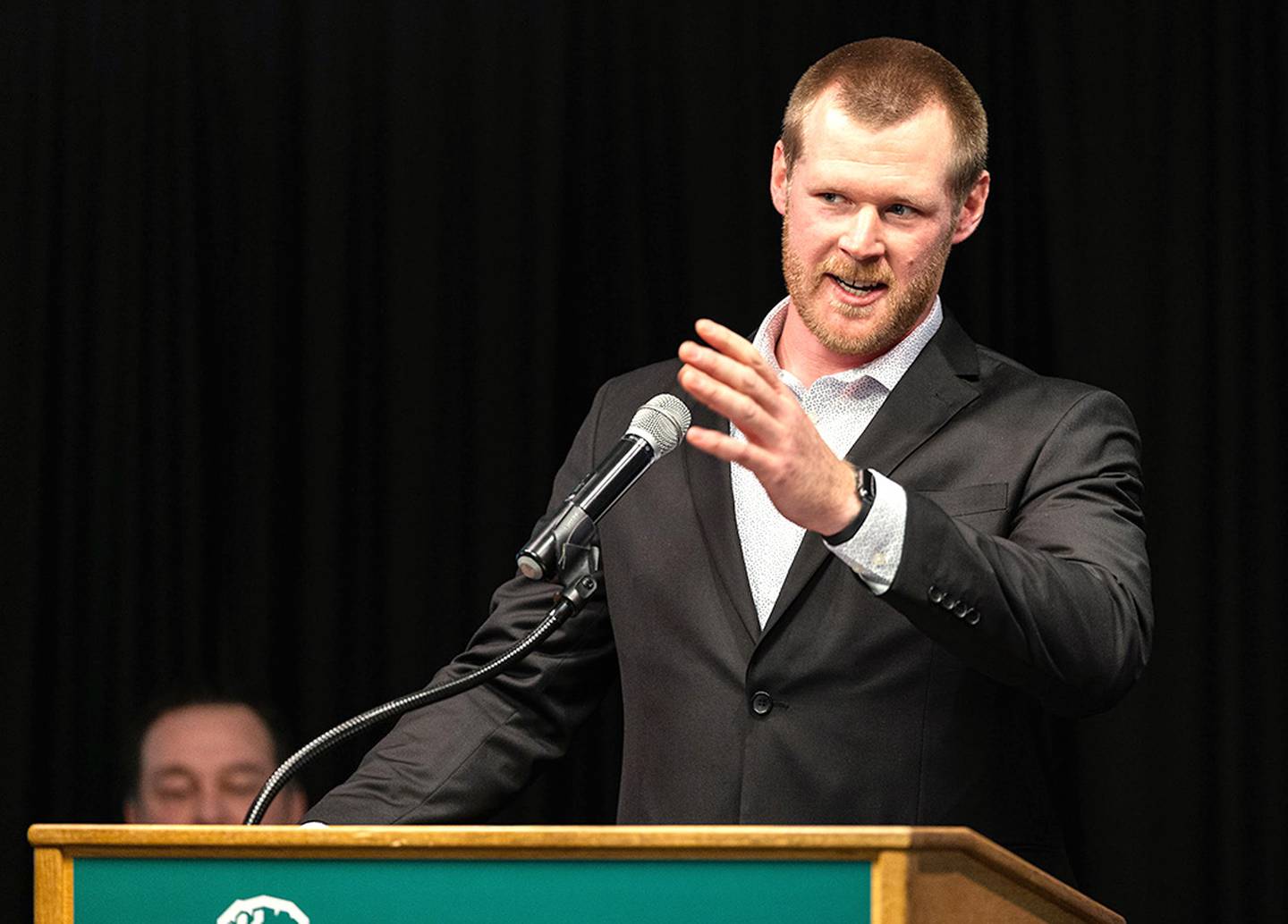 Collin Bevins makes a point during his induction speech at Northwest Missouri State's M-Club Hall of Fame banquet.