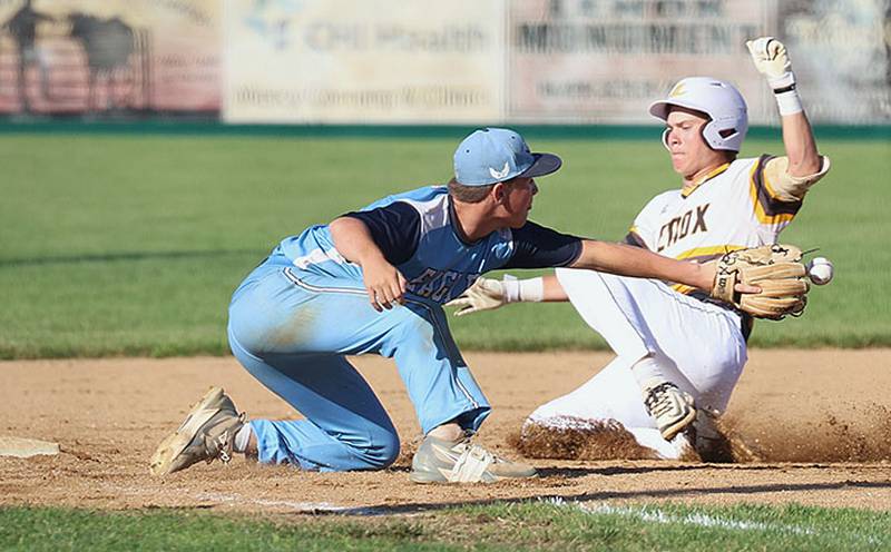 Dawson Evans slides safely into third for one of his three triples this season. Evans batted .505 and was named to the Class 1A all-state first team by the Iowa High School Baseball Coaches Association.