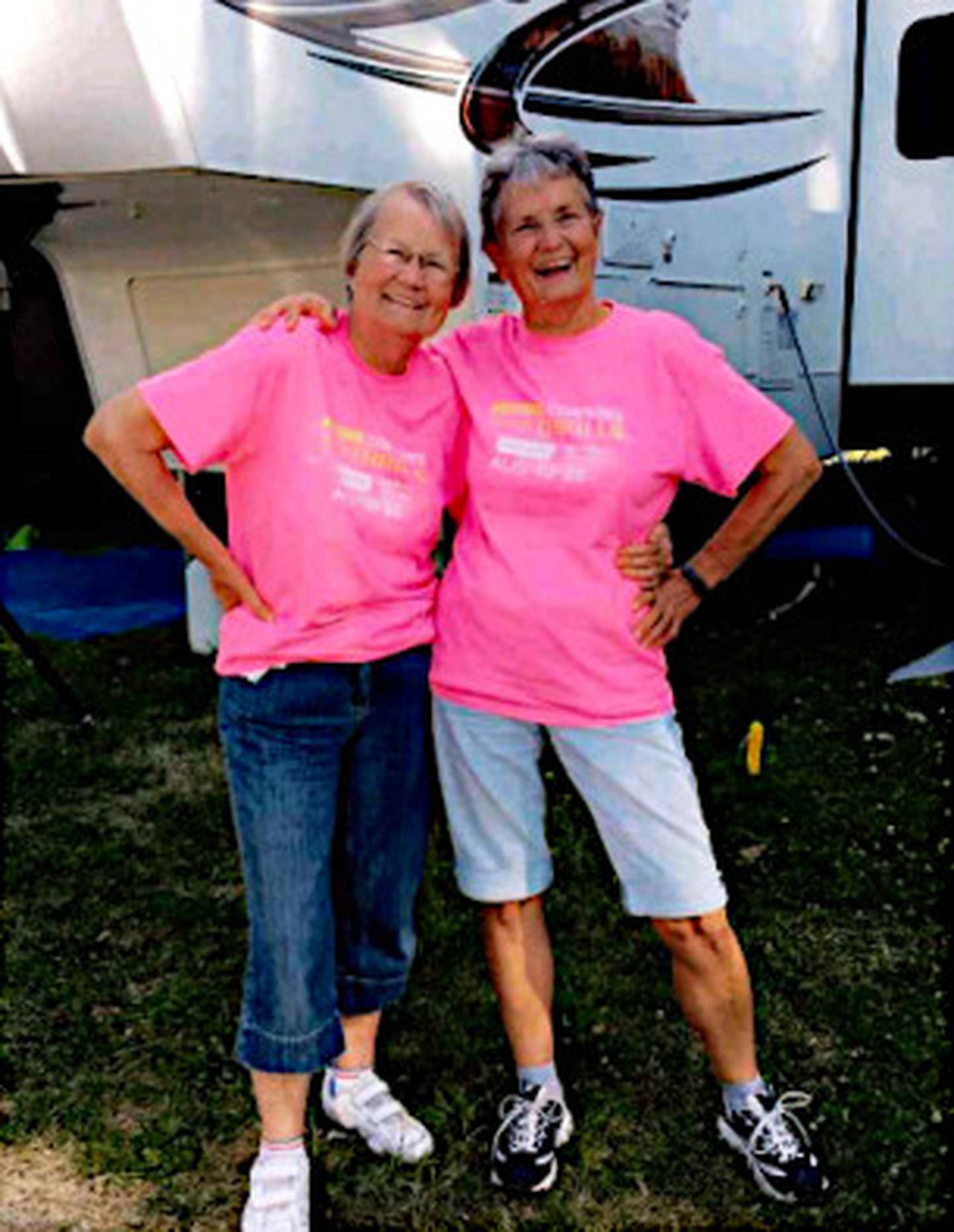 Sisters Carolyn Skarda and Linda Moore are all smiles at their Iowa State Fair campsite; a longstanding tradition for the two.