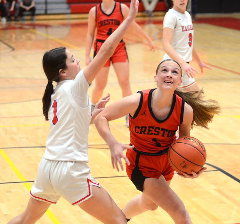 Creston's Kadley Bailey drives to the basket against Earlham. Bailey finished with 10 points, two assists and two steals.