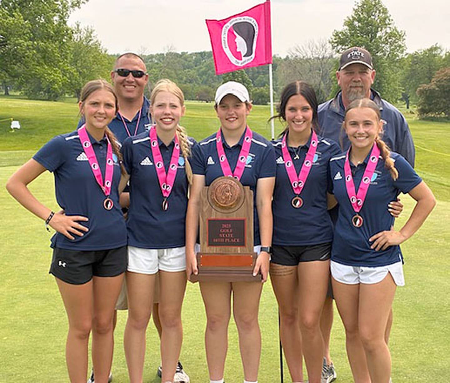 The East Union girls golf team placed 10th at the Class 1A state tournament in Marshalltown, shooting 402-417 — 819. From left in front are Kaelee Buffington, Kathryn Lack, Gwen Nixon, Marlys Mitchell and Mia Tallmon. In back, assistant coach Jacob McGuire and head coach Dave Campbell.
