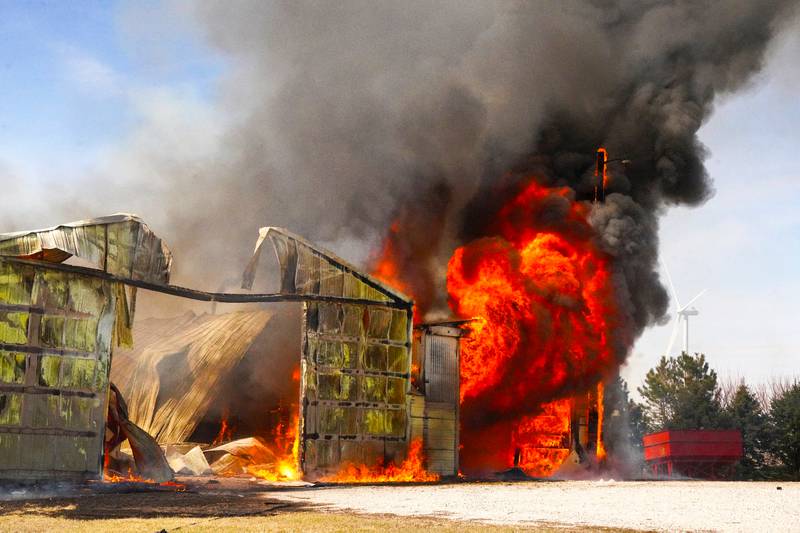 A fully engulfed machine shed was a complete loss in a Union County fire Wednesday. A large volume of out of control fires prompted a countywide burn ban effective Thursday.