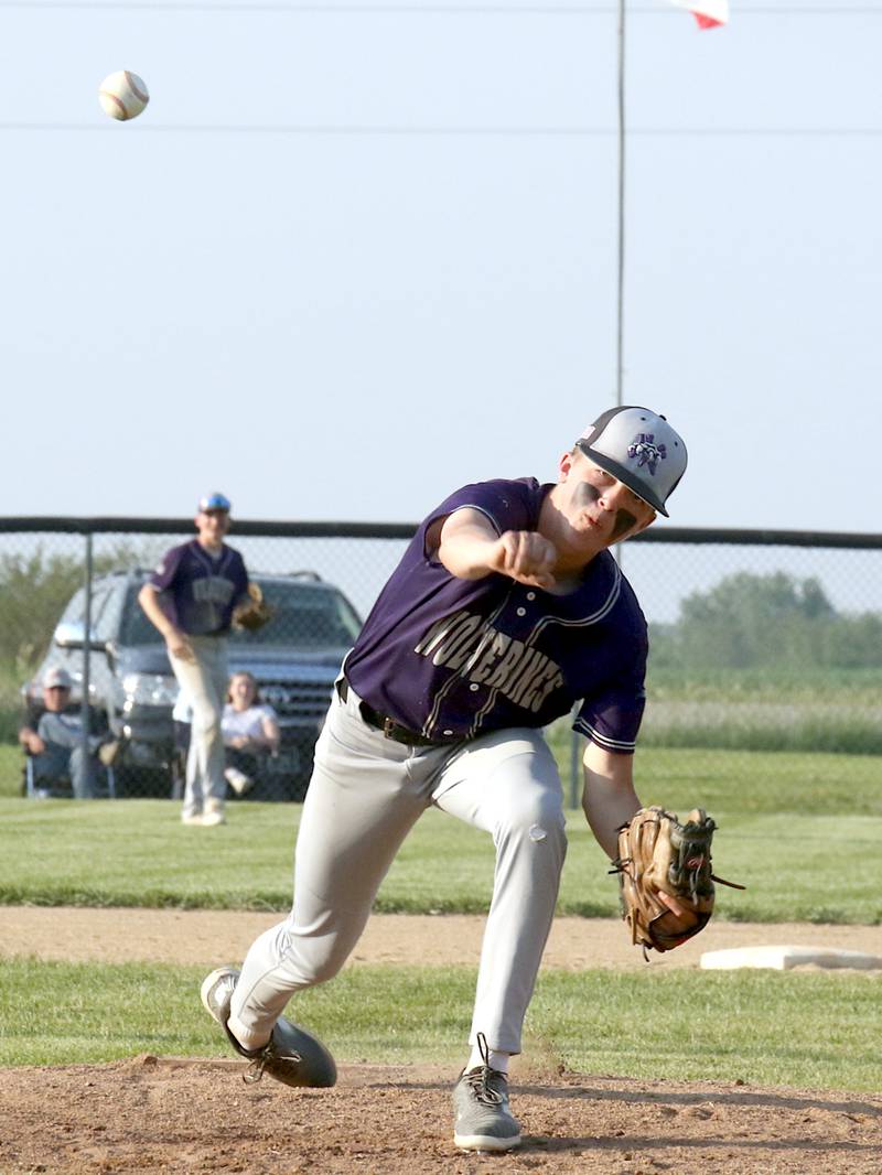 Wolverine junior Ty Strode delivers a pitch in a baseball game last Tuesday at Wayne. Strode went 2 1/3 innings on the mound that night, giving up one earned run on four hits.