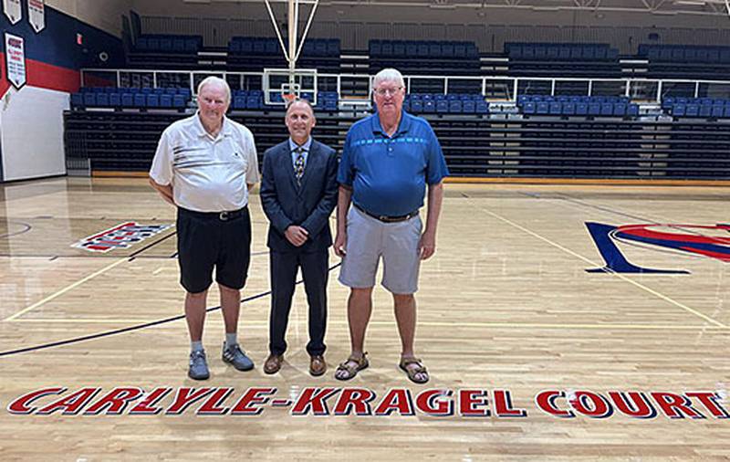 Former Walters State coaches Bill Carlyle (left) and Dave Kragel (right) are joined by Walters State Athletic Director Derek Creech prior to the ceremony naming the court after the legendary basketball coaches. Kragel is a Corning native who played at Southwestern Community College, earning All-American status.