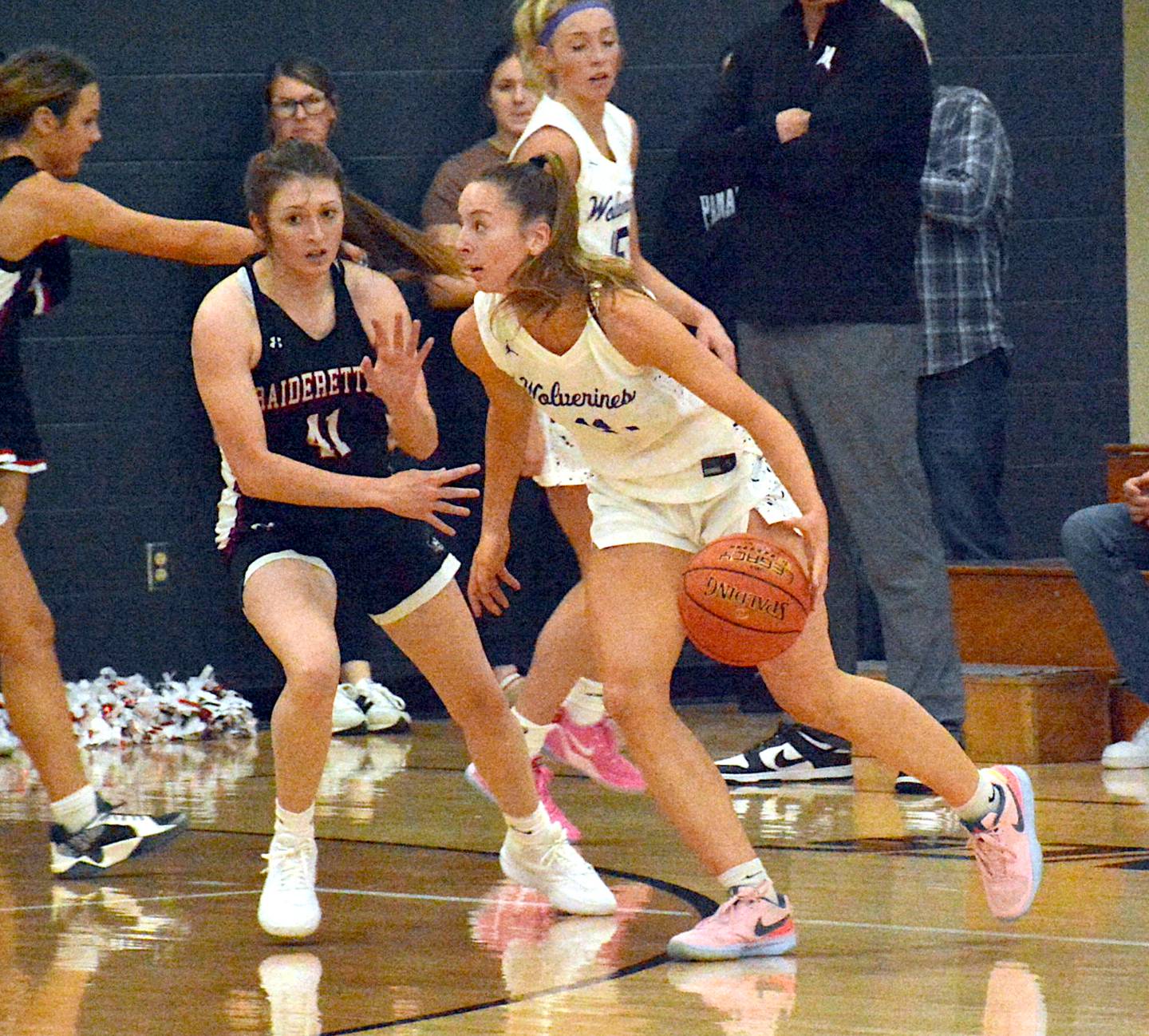 Nodaway Valley freshman Abby Nelson runs the offense, looking for an open pass or shot during last Tuesday's game with Mount Ayr.