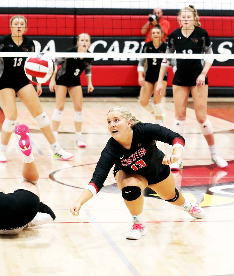 Jaycee Hanson dives to make a save Thursday against Clarinda before the Panthers fell 3-0.