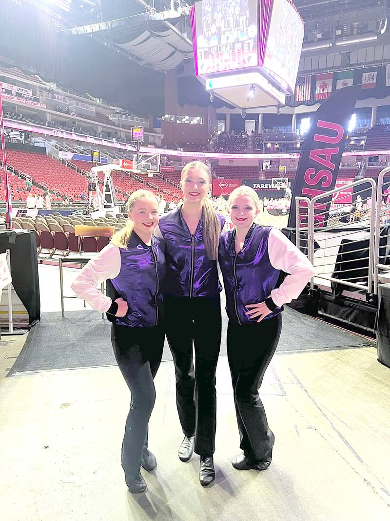 Nodaway Valley dancers Aleyah Pilgreen, Chloe Rardin and Addison Brewer at the All-Iowa Honor Dance Team performances during the girls state basketball tournament at Wells Fargo Arena.