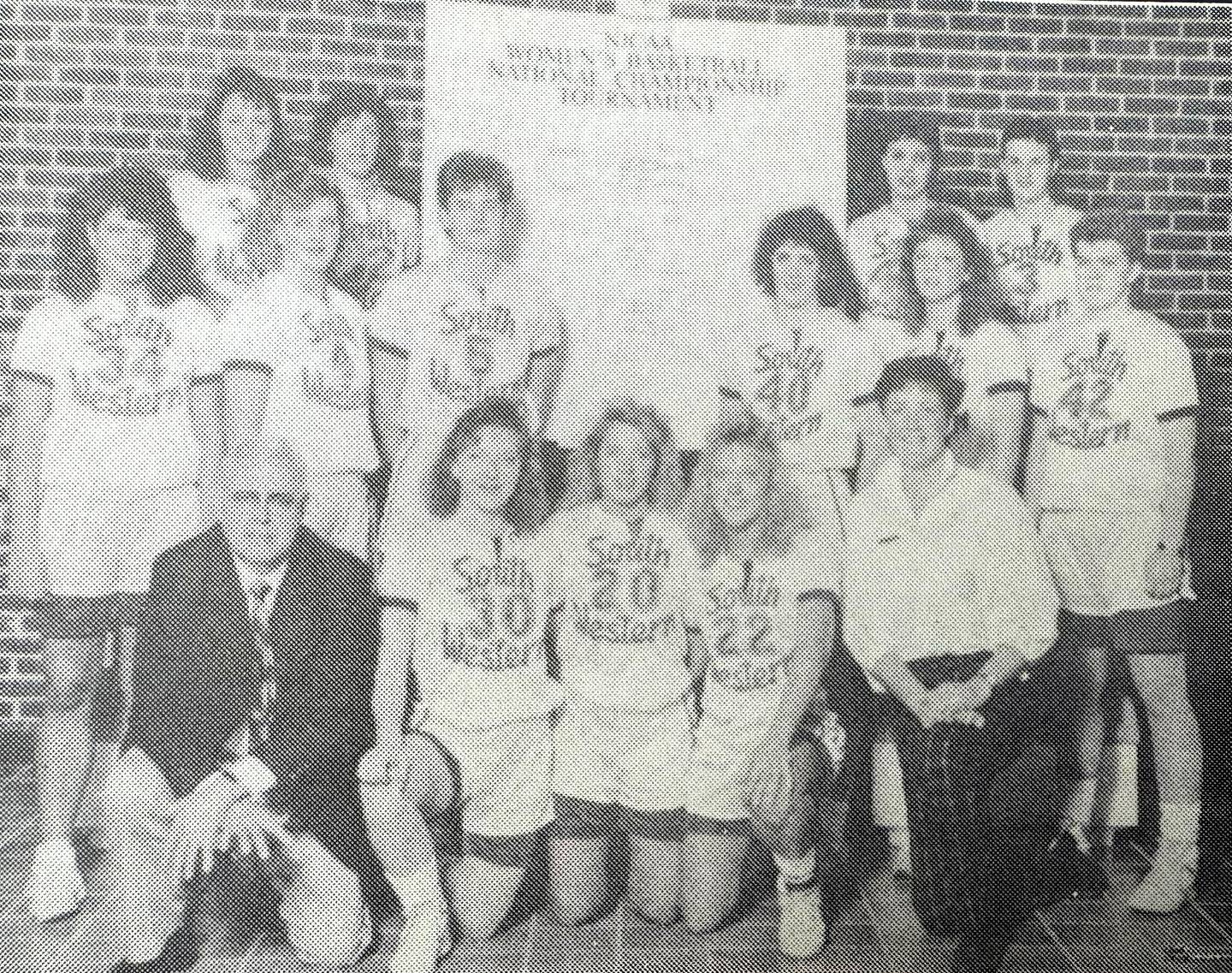 Southwestern's women's basketball team at the NJCAA national tournament in the late 1980s.
Row One: Ron “Fox” Clinton, Liz Mobley (Guthrie C.), Becky Osterholm (Glenwood), Ann Philby (Red Oak) and Assistant Coach Rita Schroeder. Row Two: Karla Gillespie (Glenwood), Penny Andreasen (Menlo), Sandra DeBruin (Beetgum, Netherlands), Cheryl West (Malvern), T.J. McMillin (Bedford) and Beth Johnson (Soldier). Row Three: Carrie Jobe (New Market), Julie Ann DeMott (Bedford), Barb Gipe (Nishna Valley) and Darla Olinger (Clarinda).