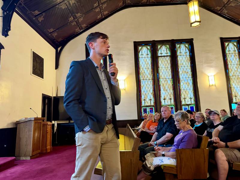 State Auditor Rob Sand, running as a Democrat for Governor next year, campaigns Monday, Aug. 4 at The Gathering Place in Greenfield.