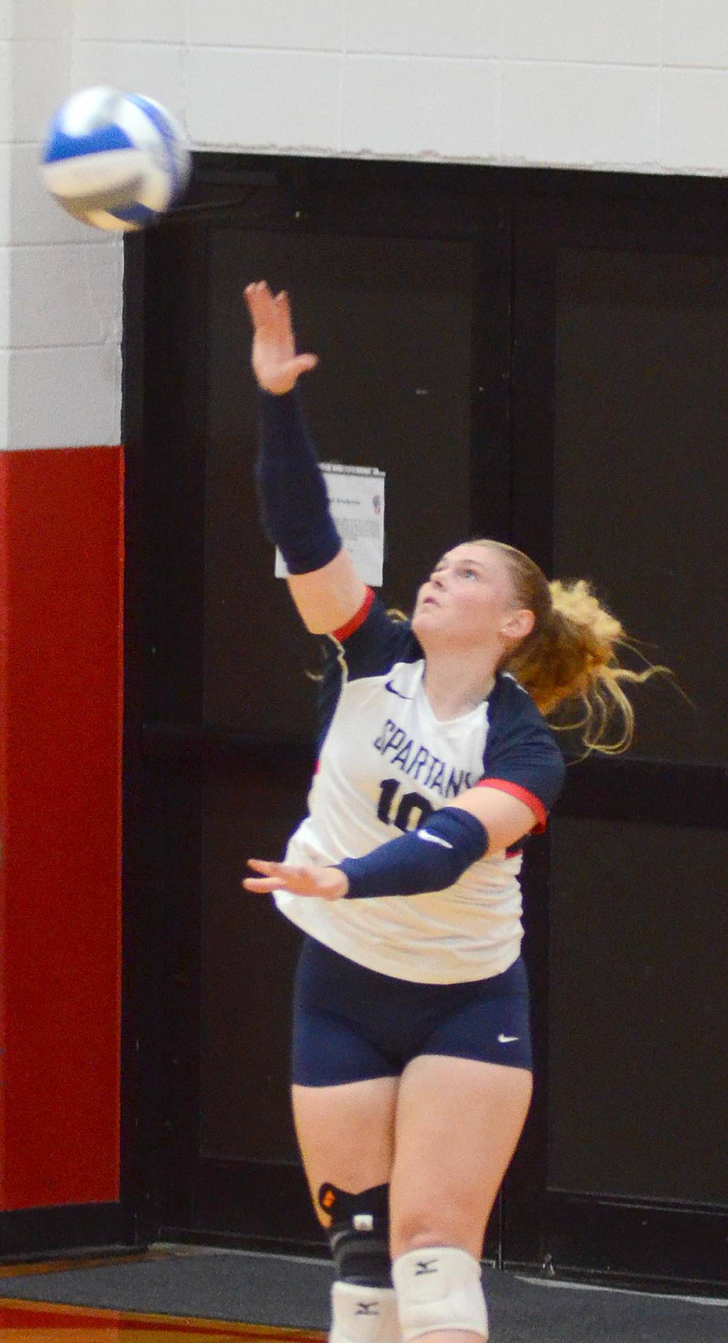 Freshman Maddie Richter of Anita serves for Southwestern Thursday. Richter had one service ace, 14 digs and four kills in the 3-2 loss.
