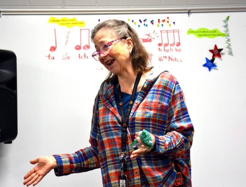 Kathy Johnson teaches a fifth grade music class at Nodaway Valley Elementary School Friday.