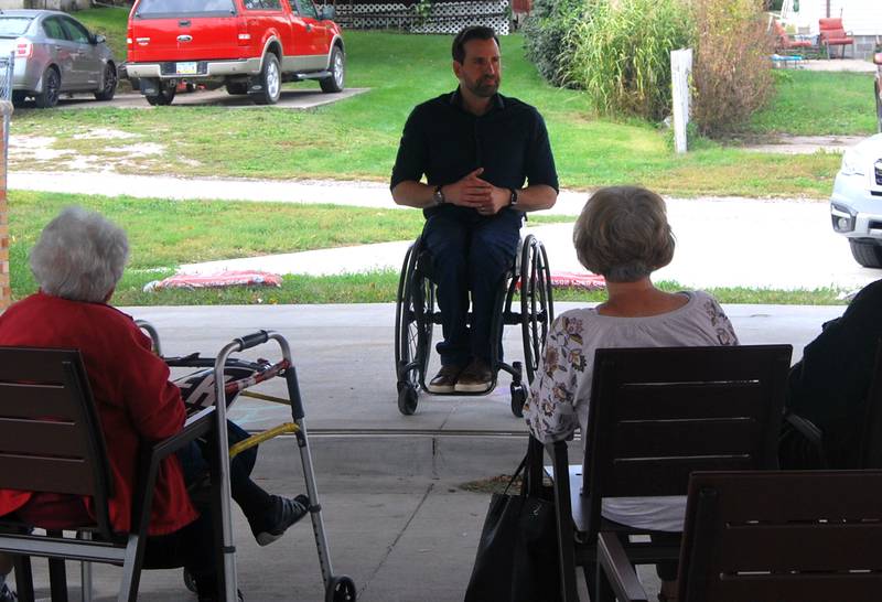 Josh Turek explains why he's running for U.S. Senate to Union County residents Oct. 12 at the Gibson Memorial Library pavilion.