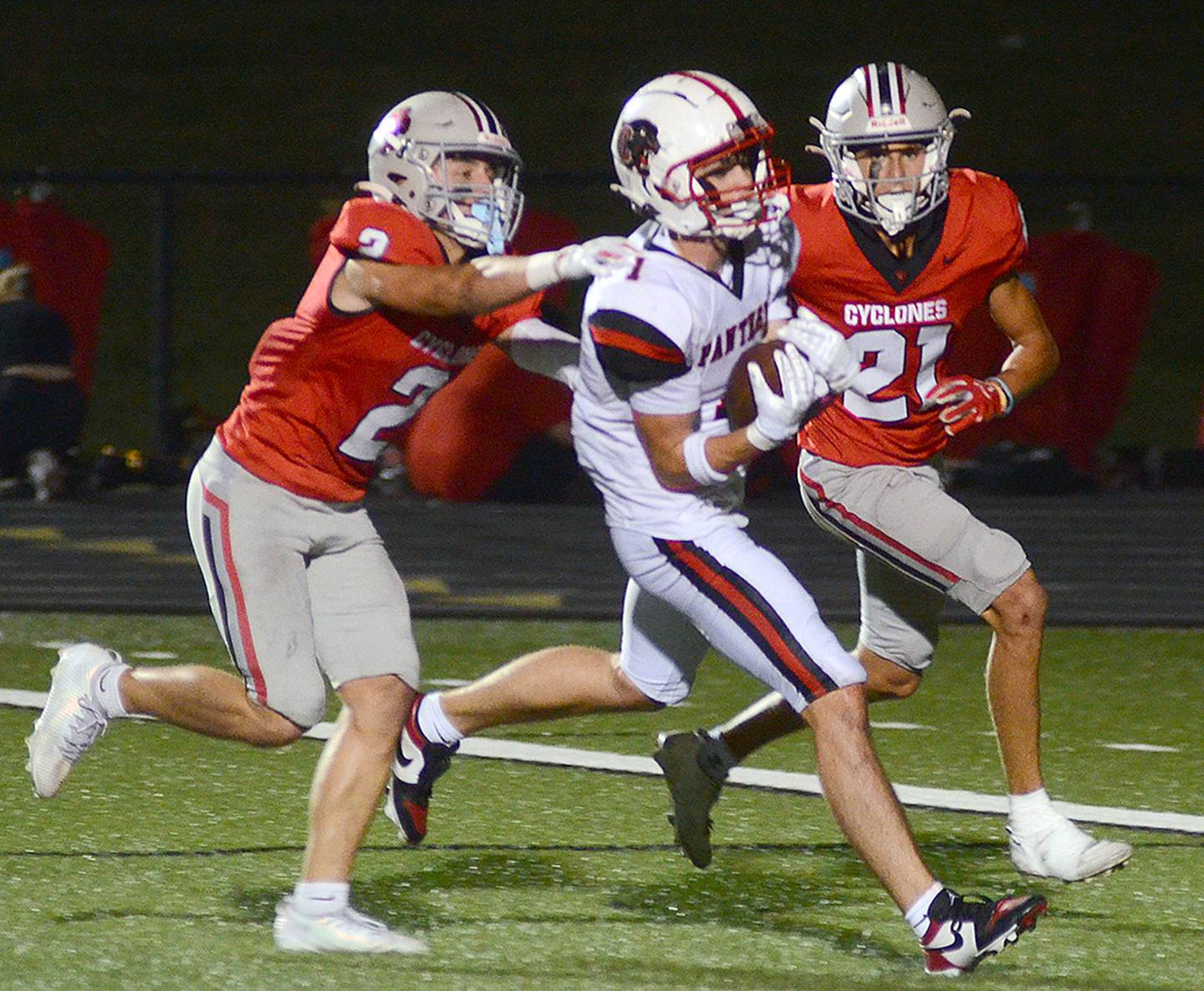 Creston junior receiver Jace Purdum catches a touchdown pass Friday at Harlan. Purdum is the team's leading receiver with 435 yards on 31 catches with three TDs.