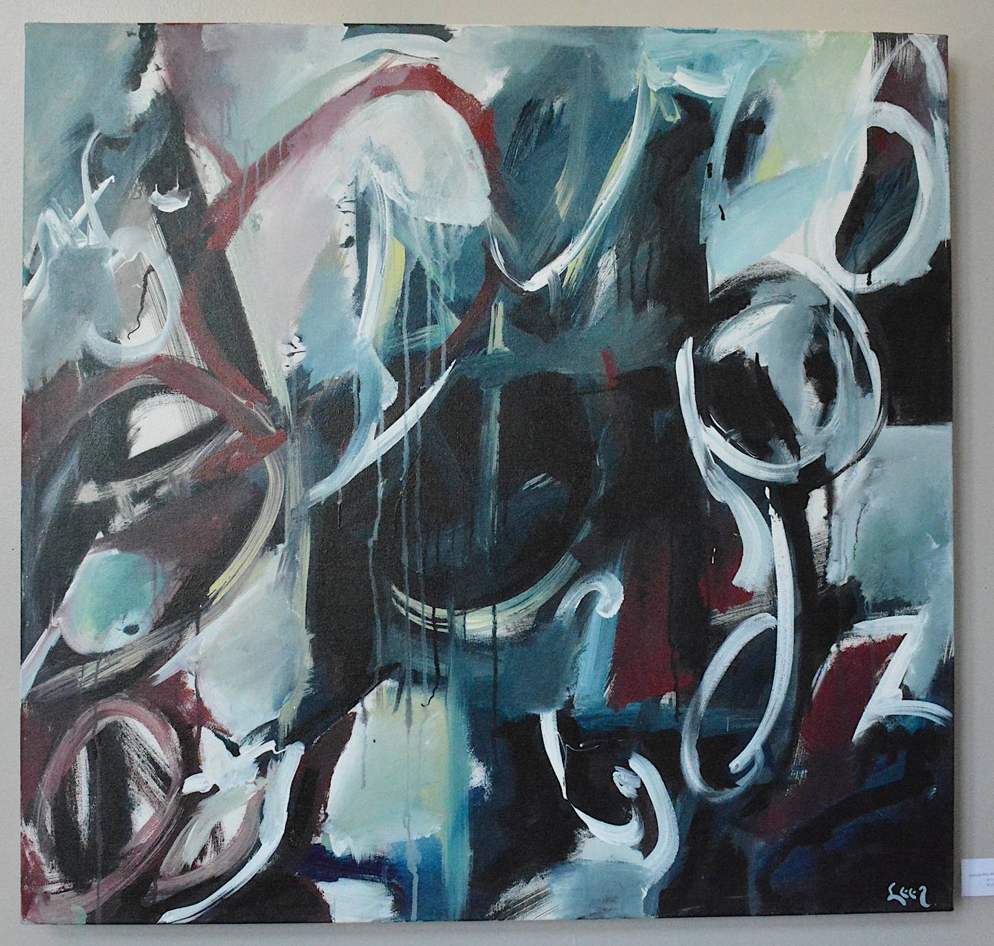 Leer's painting titled "Nobody Wins Afraid of Losing" utilizes dark tones.