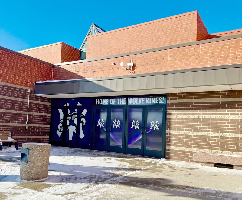 The front entry to Nodaway Valley High School earlier this winter. At last week's school board meeting, officials with the firm SitelogIQ presented on possible facilities projects that are needed.