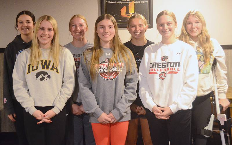 Senior members of the Creston volleyball team honored at Wednesday's team banquet are, from left in front, Jaycee Hanson, Hollynn Rieck and Kadley Bailey. Back row, Braylee Pokorny, Avery Staver, Ella Turner and Sydney Staver. Hanson and Bailey received all-conference honorable mention.