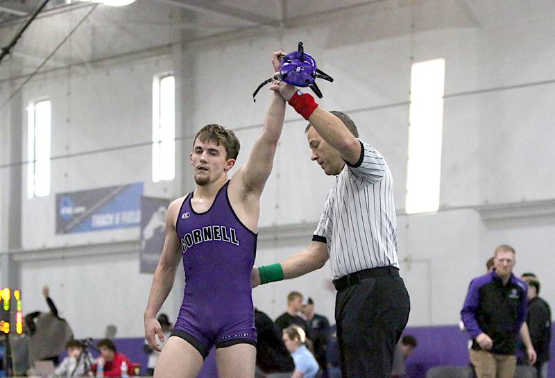 Nodaway Valley alum Elliot Cooney has his hand raised, winning one of his matches this season for Cornell College. Cooney was pleased with the progress he experienced this season as a junior.