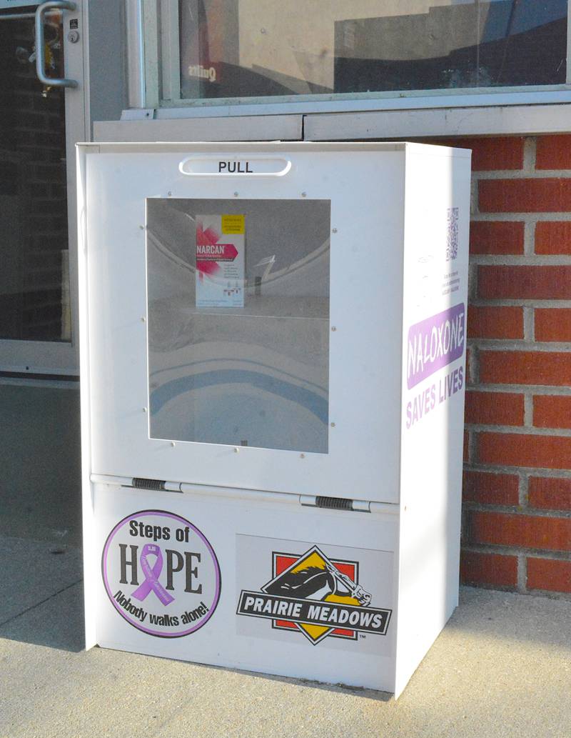 The drop box outside of Zion Integrated Behavioral Health Services's Creston offices where anyone could take naloxone. A kit of Narcan, a nasal spray, is seen in the drop box.