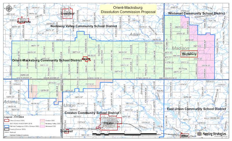 The Orient-Macksburg dissolution committee approved a map Tuesday how the school district will be distributed to neighboring districts. Territory north of the Adair-Union county line and northwest Union and northeast Adams counties is for the Nodaway Valley school district. The O-M board will take action on the proposed map.