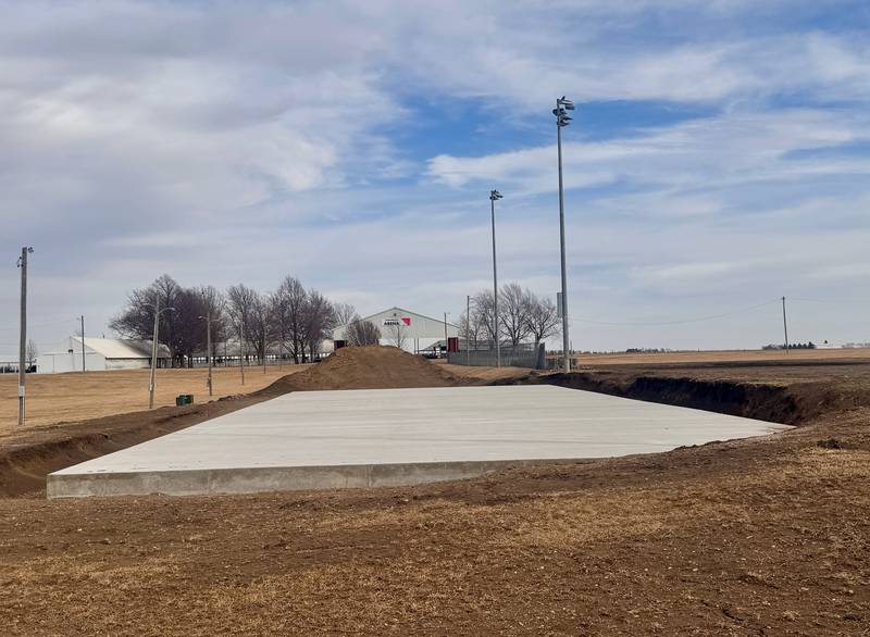 A thick cement pad shows where the new grandstand will soon take shape at the Adair County fairgrounds.