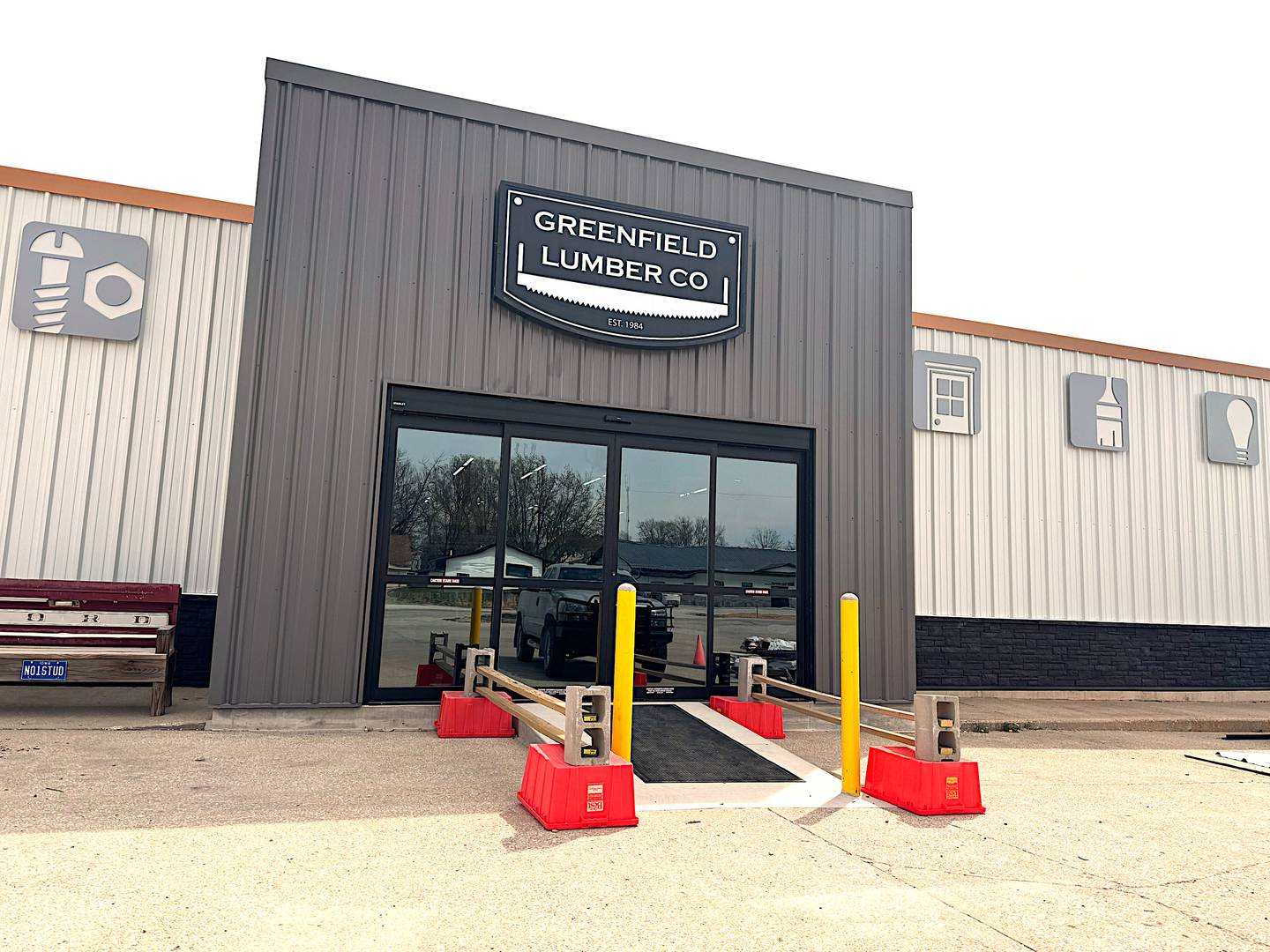 The new front door of Greenfield Lumber, at 107 Northeast 6th St. Phase One of a remodel of the business after the tornado has reached substantial completion.