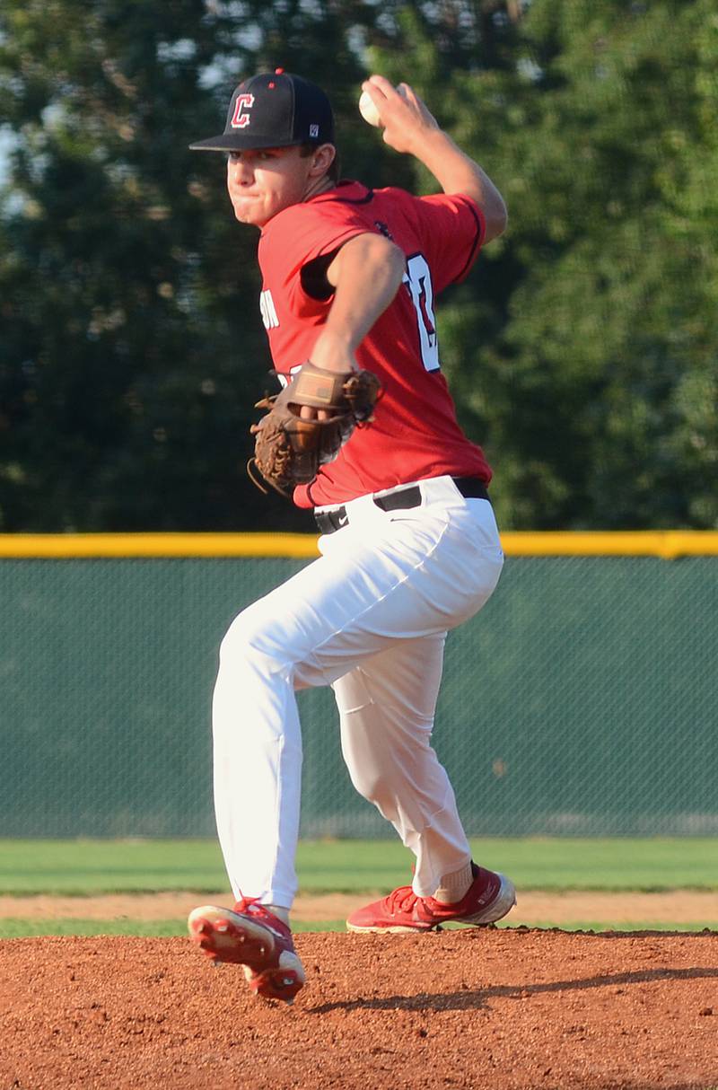 Creston starter Parker Varner sends a pitch to the plate early in Friday's 10-4 victory over Denison-Schleswig. Varner allowed two hits and struck out five with no walks in pitching 4 1/3 innings.