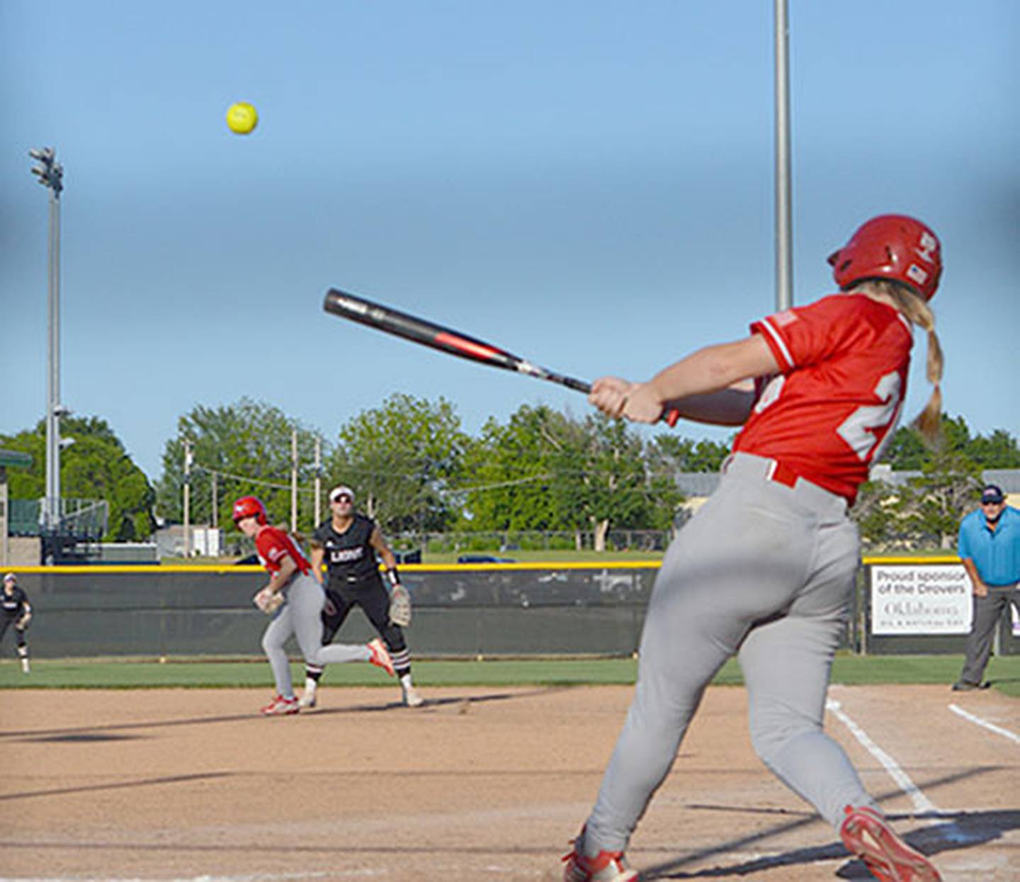 Nevaeh Randall hits a drive during Grand View's action in the NAIA Opening Round series in Oklahoma.