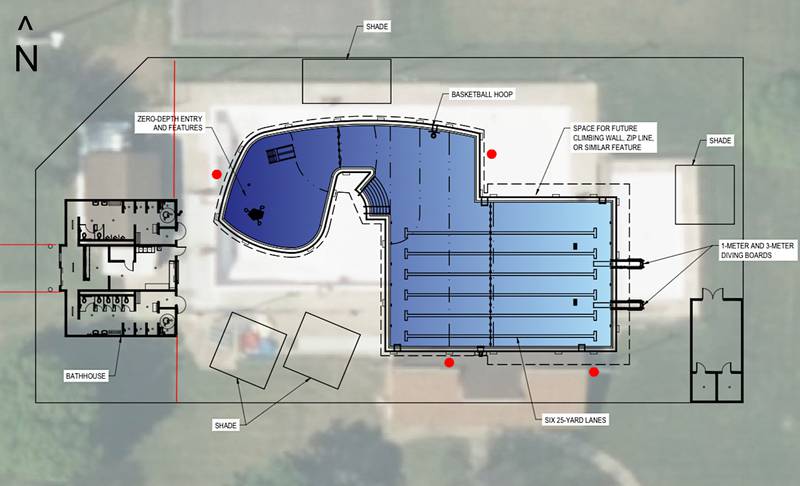 A conceptual design from Wahoo, Nebraska-based JEO Consulting for a new Greenfield swimming pool reflects a pool that has swim lanes, a deep end, low and high diving boards, basketball hoops and zero entry — a feature the current pool does not have.