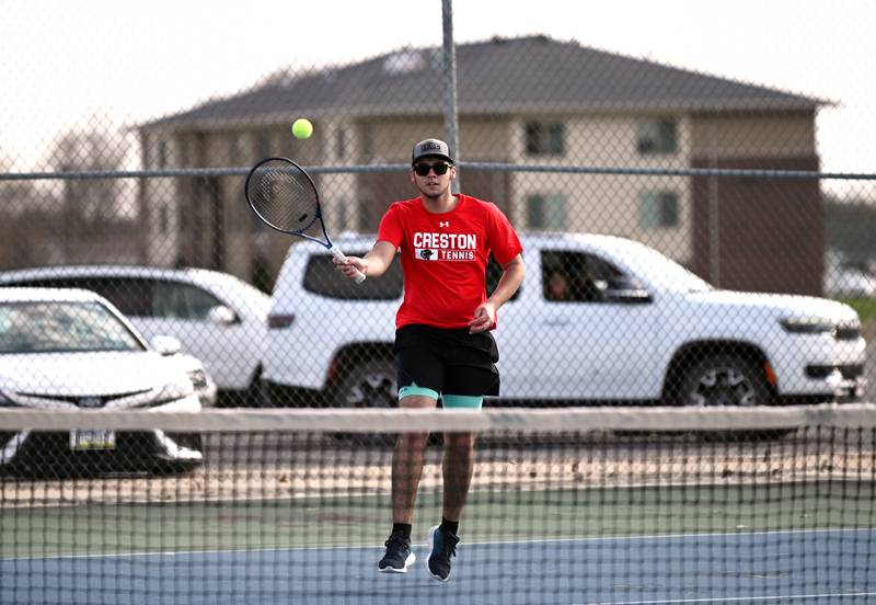 Wesley Wires takes care of business in No. 1 singles Friday against Audubon’s Kayden Otten, winning 8-6.