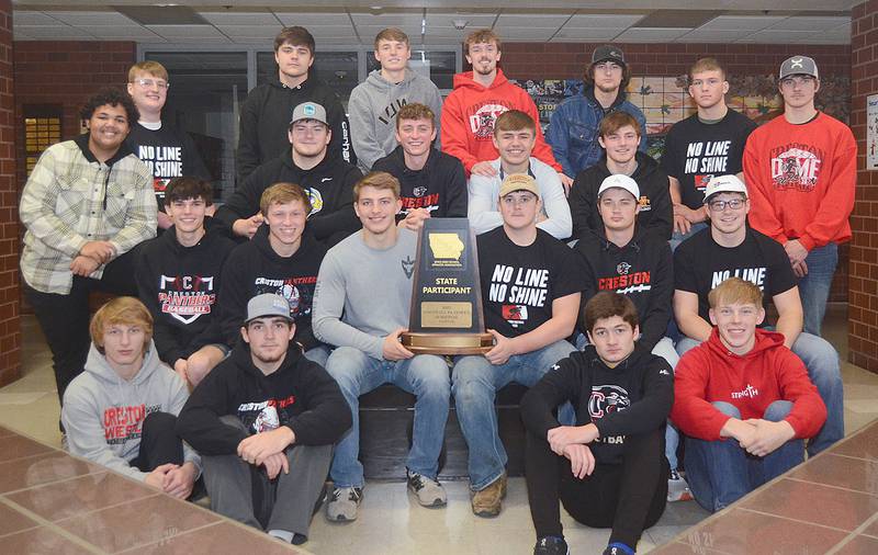 Seniors from the 11-1 Creston football team this year are shown with the state semifinal trophy at Sunday's banquet. Shown from left in front, Lincoln Keeler, Will Bolinger, Brandon Briley and Milo Staver. Second row, Gavin Millslagle, Austin Evans, Brennan Hayes, Jagger Luther, McCoy Haines and Tucker Rohrig. Standing in back, Steven Bell, Lucas Rushing, Jackson Kerr, Dillon Starlin, Dylan Calvin, Bryce Hull, Quentin Fuller and Gavin Bolton. Not present were Max Skellenger, Gavin Evans and Wyatt Barber.