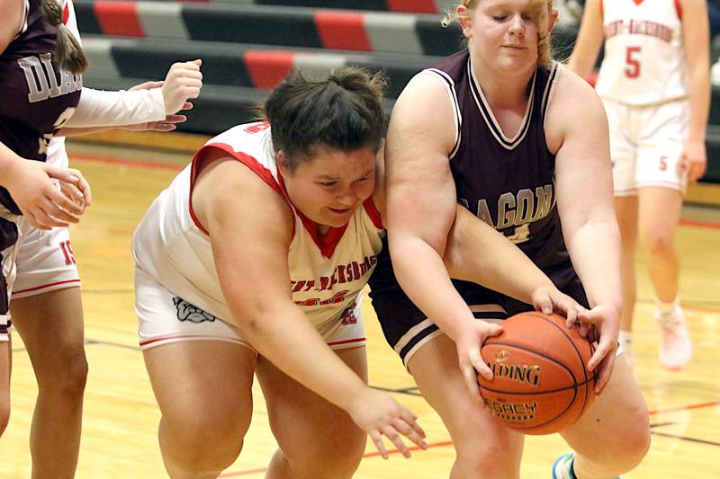 Orient-Macksburg junior Natalie Mullen fights for the ball with Diagonal freshman Jaylynn Doolittle in a recent Bluegrass Conference regular season game at Orient.