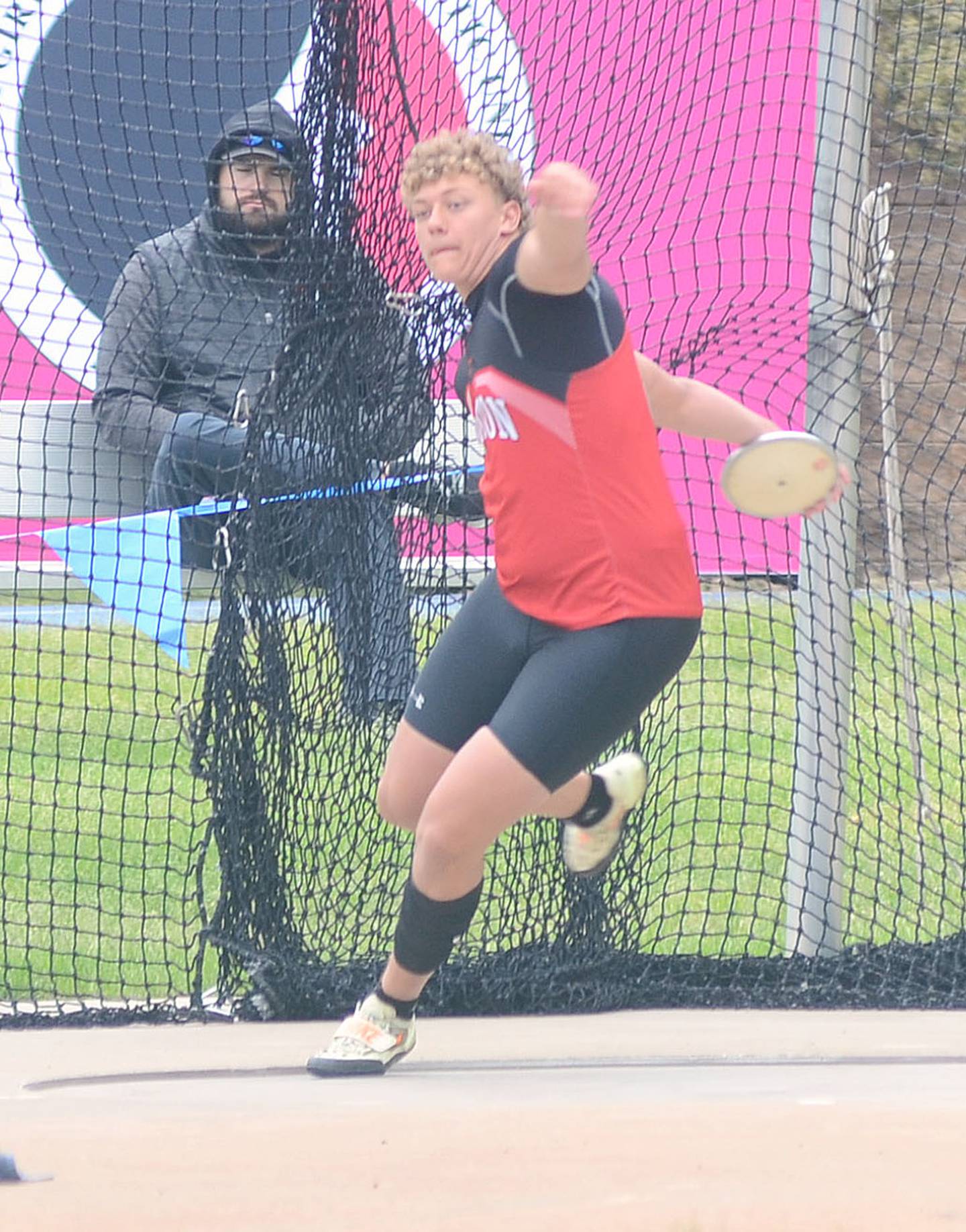 Brayden Schoon of Creston competes in the Class 3A discus at Drake Stadium. Schoon missed a medal by one place, finishing ninth with a best throw of 157-11.