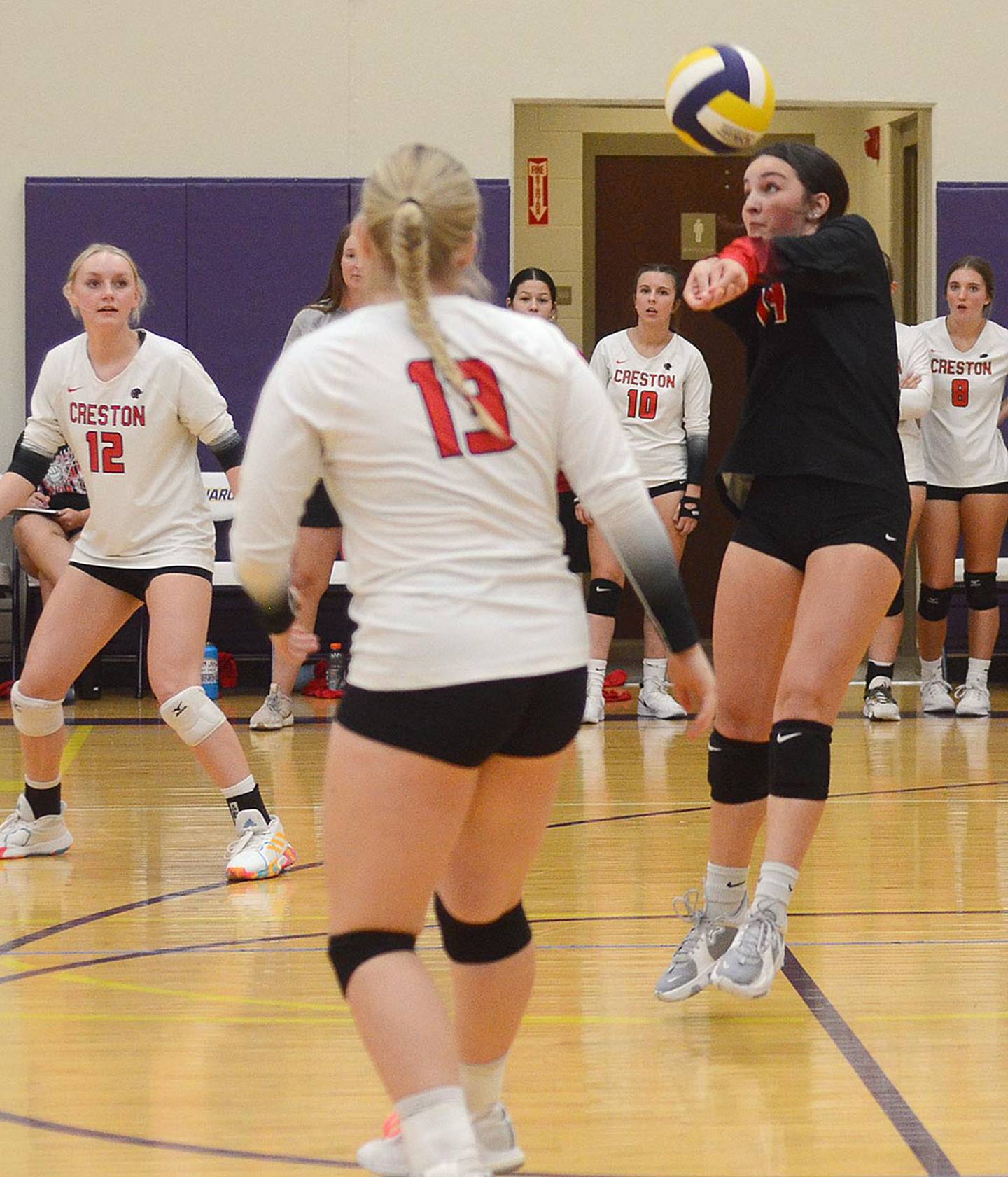 Creston libero Morgan Van Gelder receives a Denison-Schleswig serve Thursday night. Van Gelder had three digs and a team-high three ace serves in the 3-0 loss.