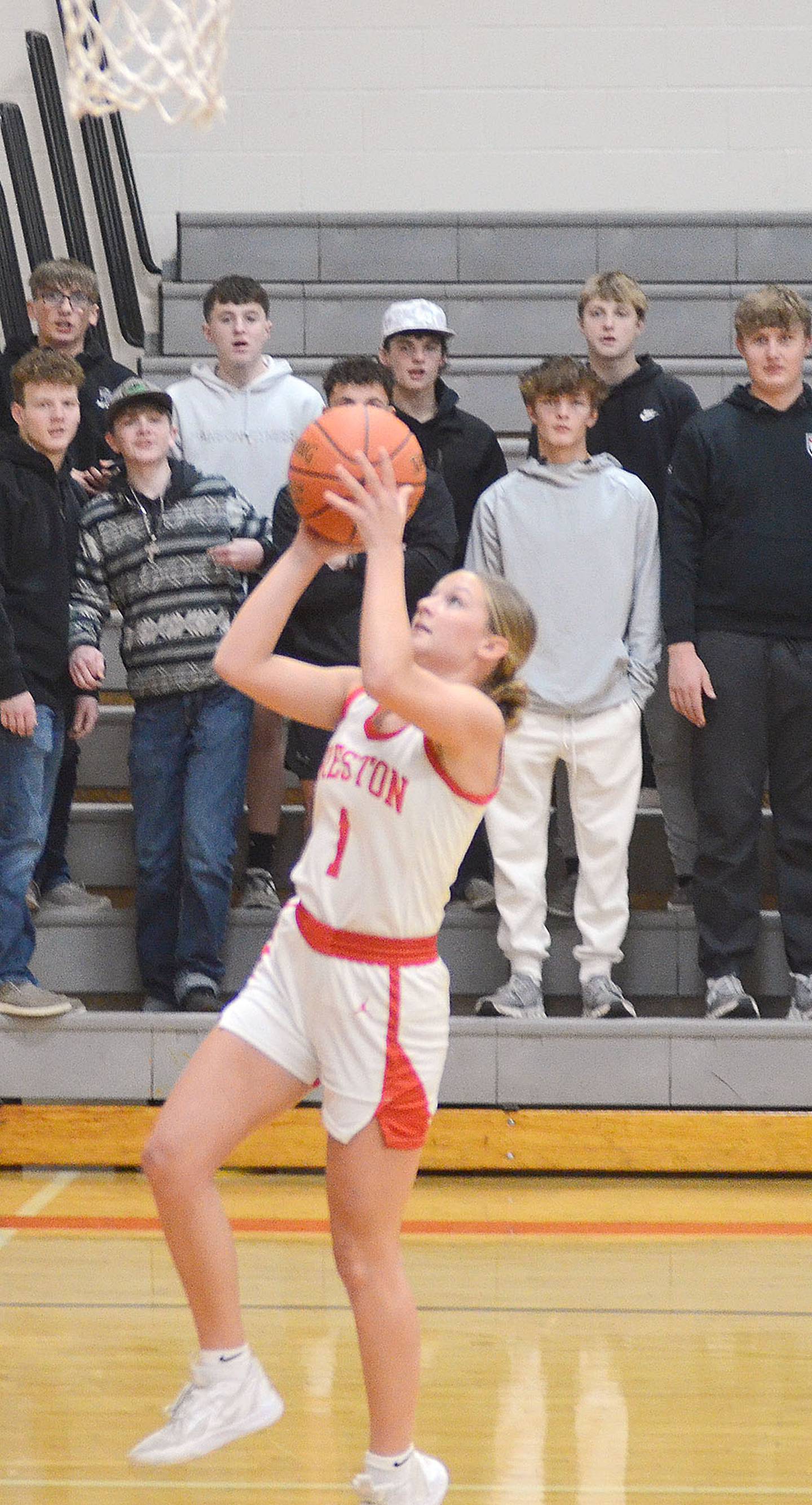 Kadley Bailey finishes a Panther fast break with a layup Monday. Bailey shot 12-of-15 from the field in scoring 25 points. On Tuesday at St. Albert, she became the first Creston five-player basketball player to surpass 200 career steals.