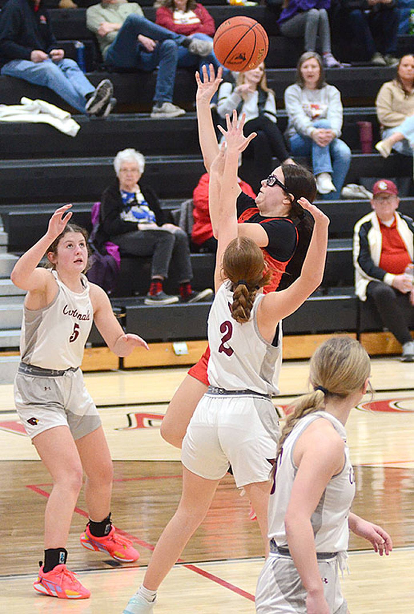 Braylee Pokorny rises up for a shot in the lane against Clarinda. Pokorny scored two points after notching 10 points the previous night at Kuemper Catholic.