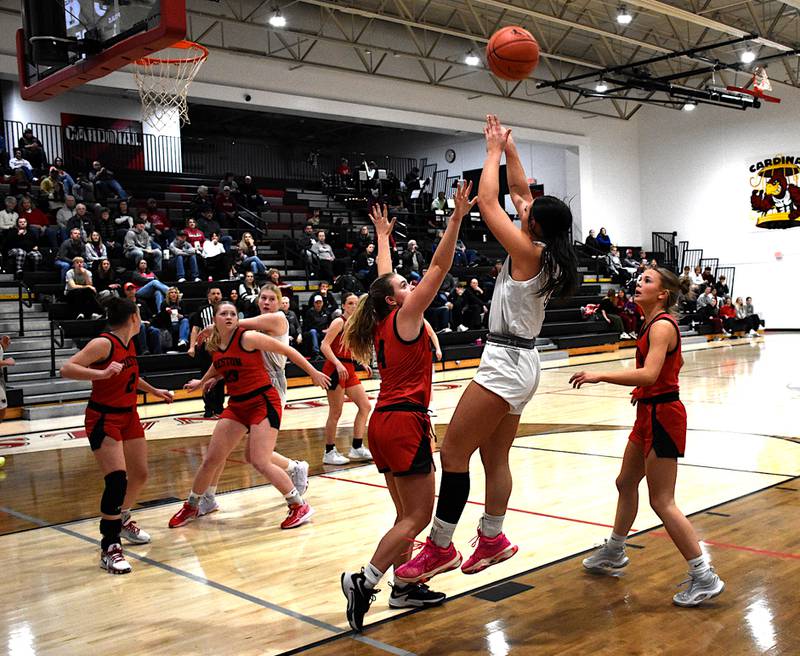 Creston's Hollynn Rieck, Brynn Tussey, Ella Turner and Ava Adamson defend against Clarinda Tuesday in a 63-58 win for the Panthers.