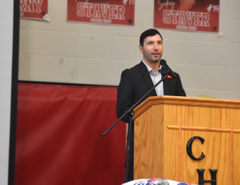 Creston alum Brenden Kinyon spoke at the CHS Veterans Day program Tuesday, sharing about his time serving in Iraq.
