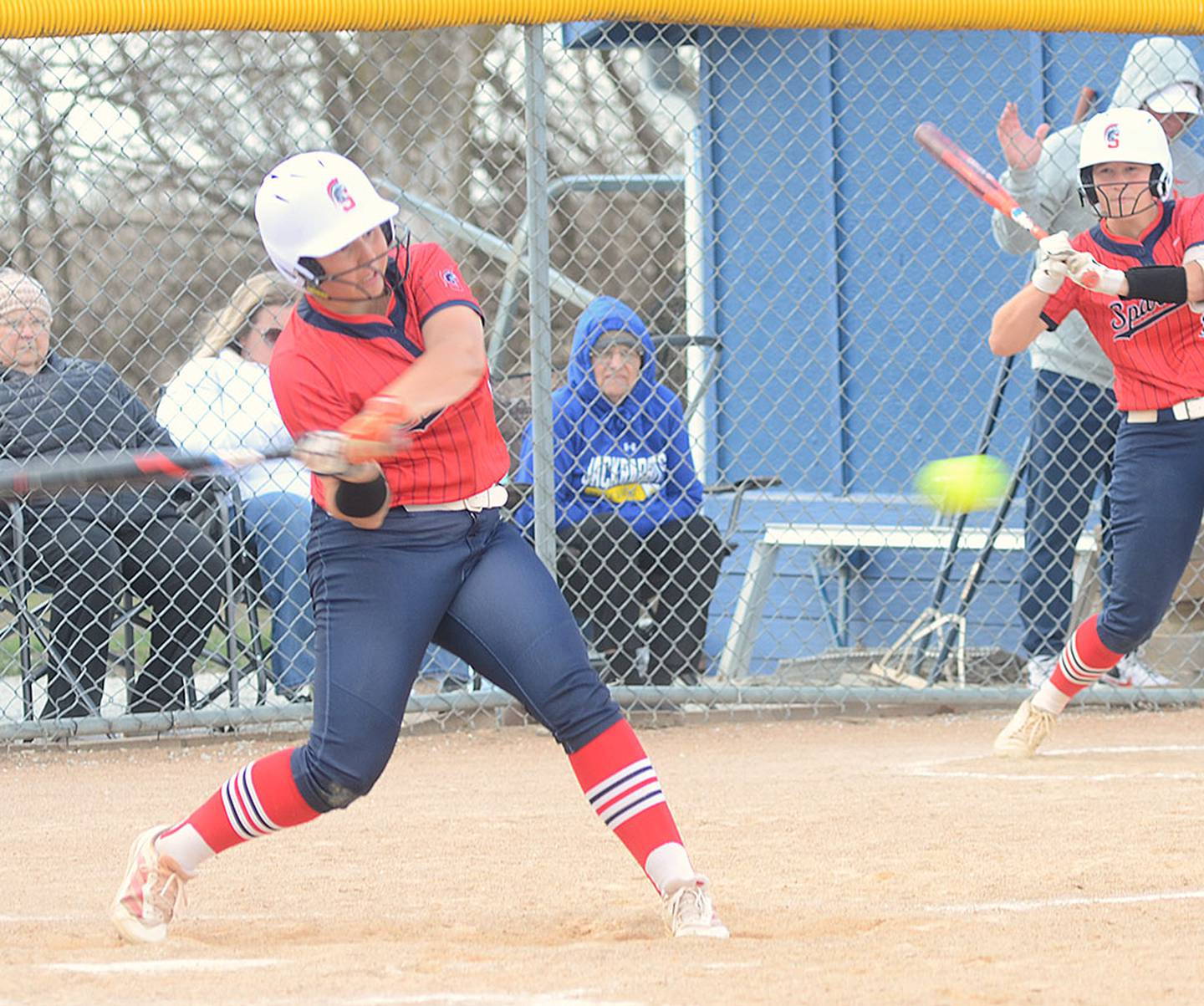 Southwestern right fielder Brianna Mitchell takes a swing that resulted in a single Thursday against DMACC.