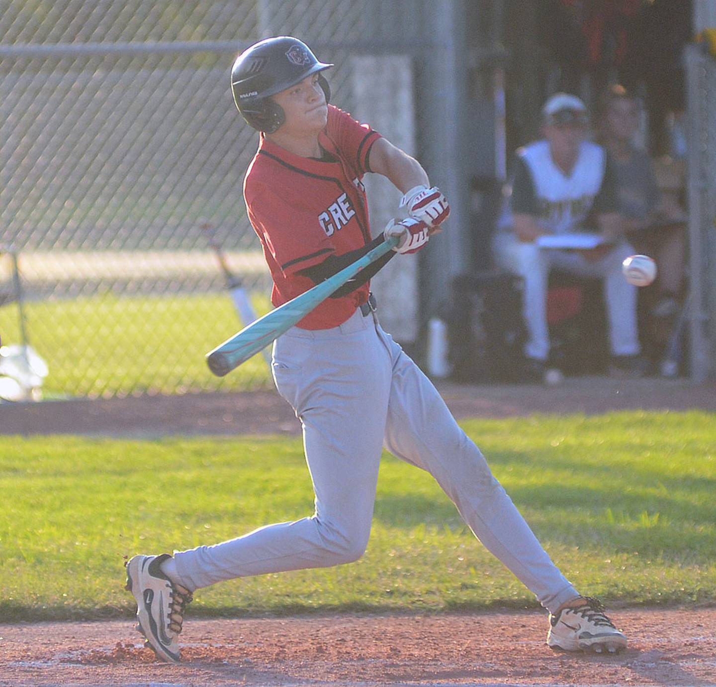 Brady McDonald connects with a pitch against Saydel. McDonald had one hit in the 9-4 loss.