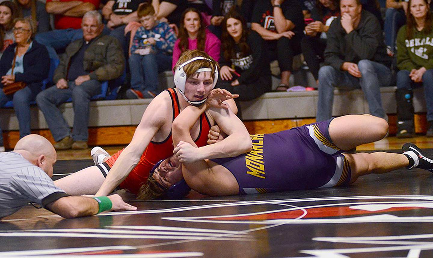 Carson Rieck, one of 11 seniors on this year's Creston boys wrestling team, earns nearfall points while gaining a 17-0 technical fall against Victor Arroyo of Denison-Schleswig Thursday night.