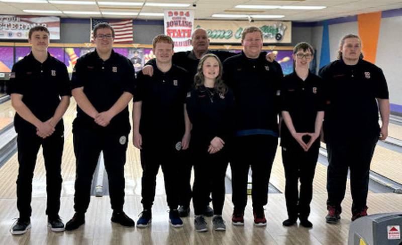 Senior Creston bowlers were recognized during a recent meet. From left are Stephen Sistad, Marshall Howard, Caden Briner, Jana Peavler, William Nutt, Prestyn Perkins and Drake Pendegraft. Coach Ron Pendegraft is in the back.