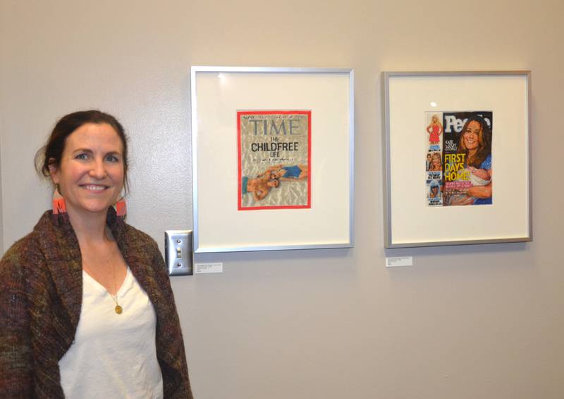 Artist Jennifer Drinkwater stands with two of her matching cross-stitch magazine covers Friday at the opening reception for her series "168 Hours."