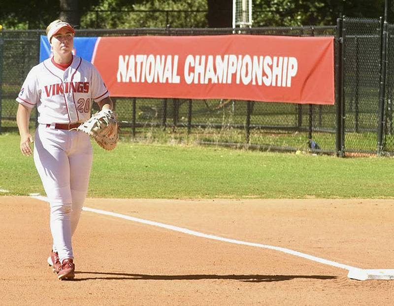 Nevaeh Randall of Creston stands ready at first base for Grand View University during the recent NAIA Softball World Series. The Vikings were one of five teams still playing when they were eliminated Monday afternoon.