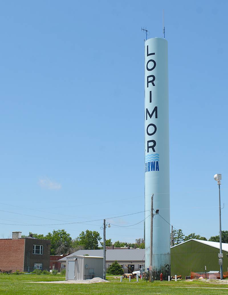 The Lorimor water tower, which EMA has installed radio equipment for Union County's communication network. This equipment will need to be removed when the tower is repainted in August.